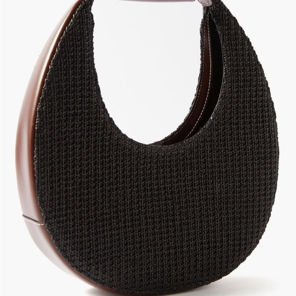 STAUD Raffia Moon Tote Leather Trim in Black NWOT